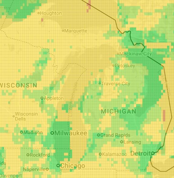 Color-coded map showing late blight risk levels across the upper Midwest. Risk levels range from very low (green) to very high (red). Most of Michigan shows low to medium risk, with some very low and isolated high-risk zones. Surrounding areas in Wisconsin, Illinois, and Indiana display mostly low to medium risk. Major cities are labeled, including Detroit, Chicago, Milwaukee, and Grand Rapids.